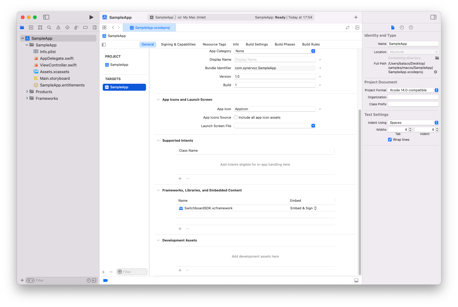 Adding the SwitchboardSDK.xcframework file in Xcode