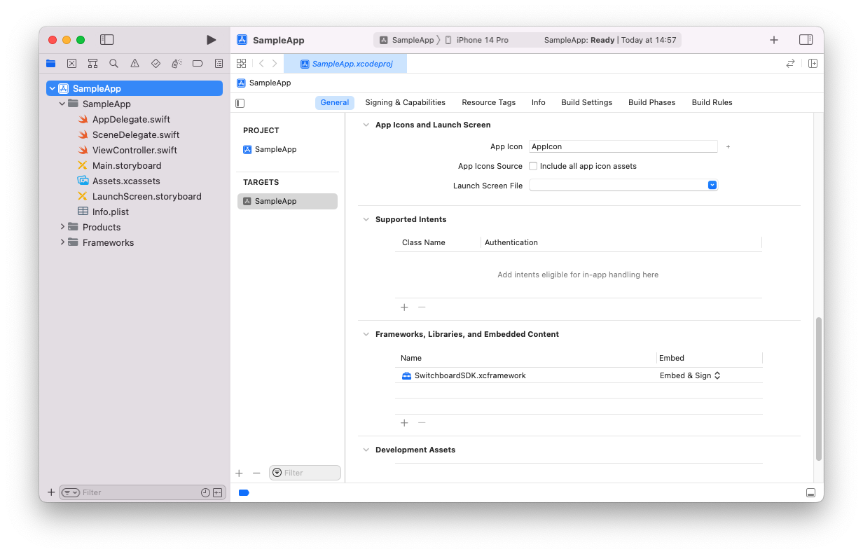 Adding the SwitchboardSDK.xcframework file in Xcode